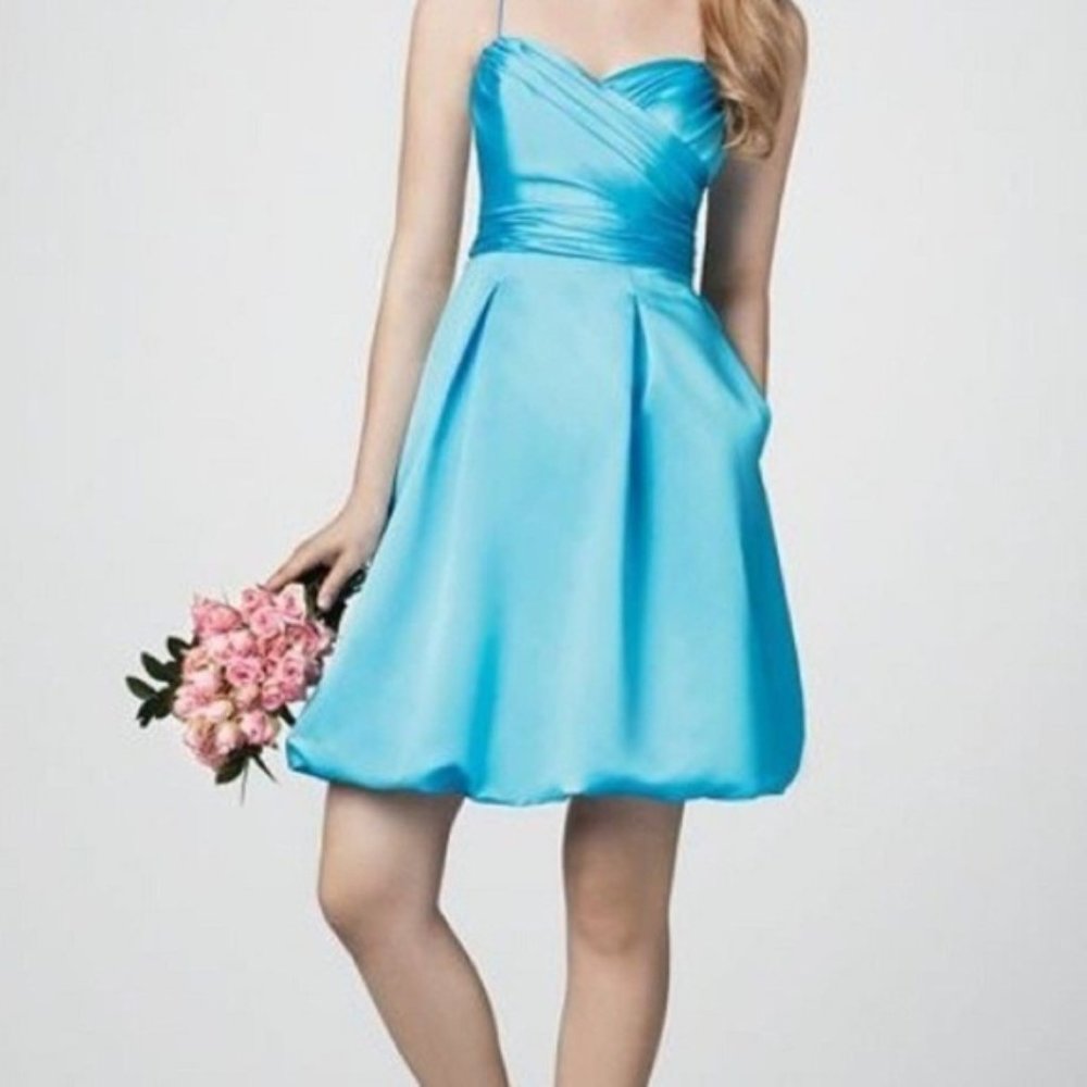 Cute Blue Satin Box Pleat Bubble Hem Party Dress Size 10